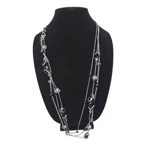 Silver Tone Layered Necklace with Black Beads and Tassel Charm‎